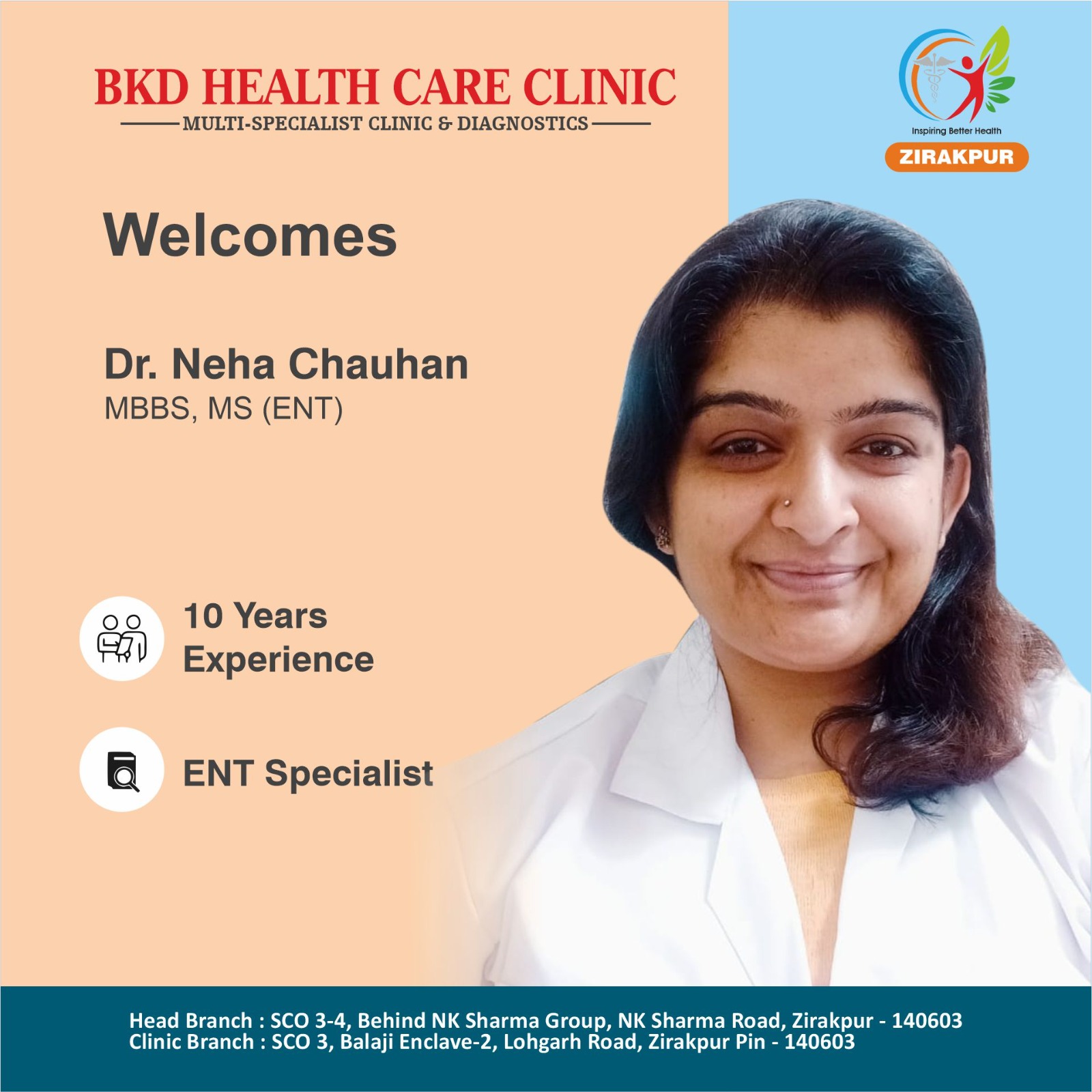 Dr Neha Chauhan ENT specialist welcome image for BKD Health Care Clinic