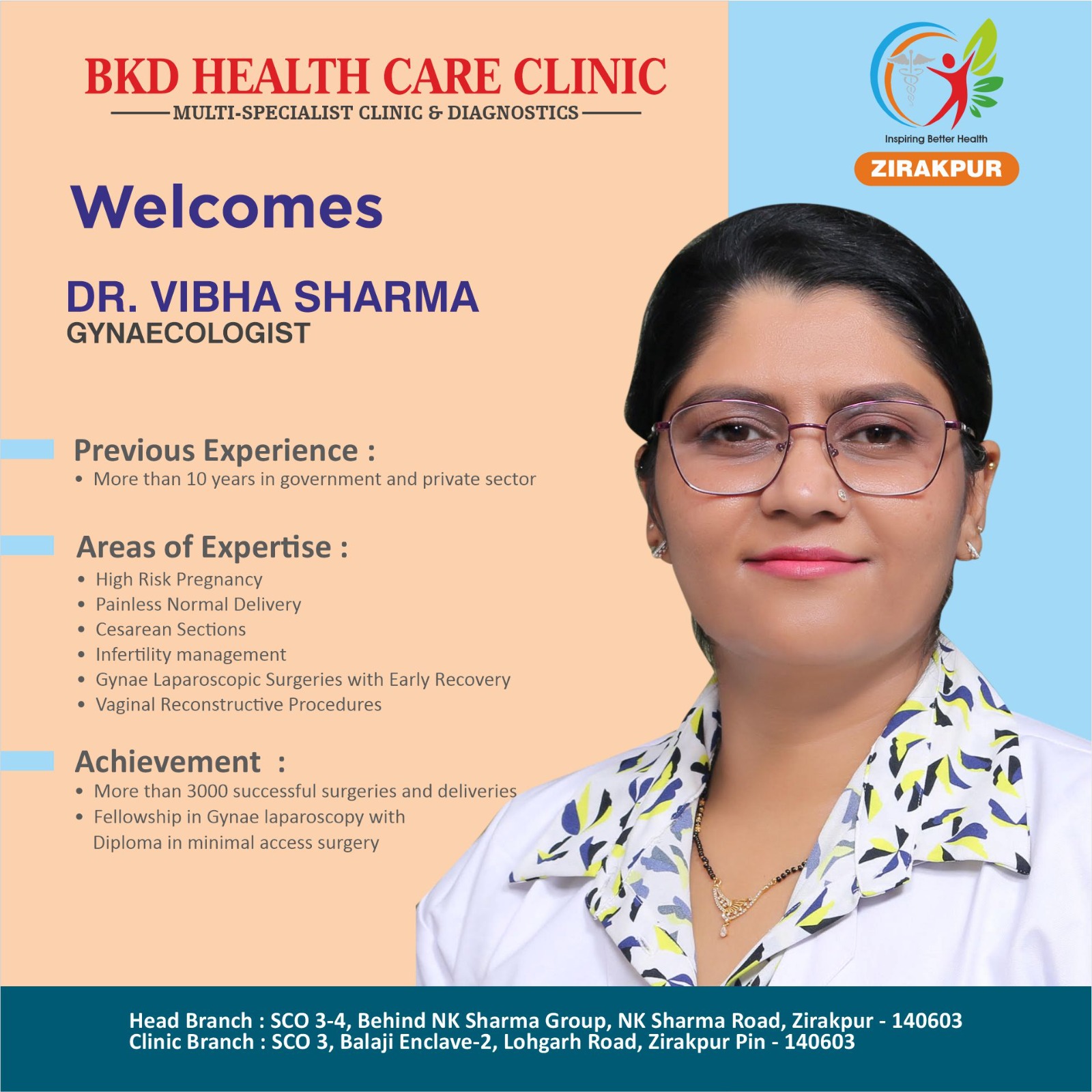 Dr Vibha Sharma gynaecologist welcome image for BKD Health Care Clinic